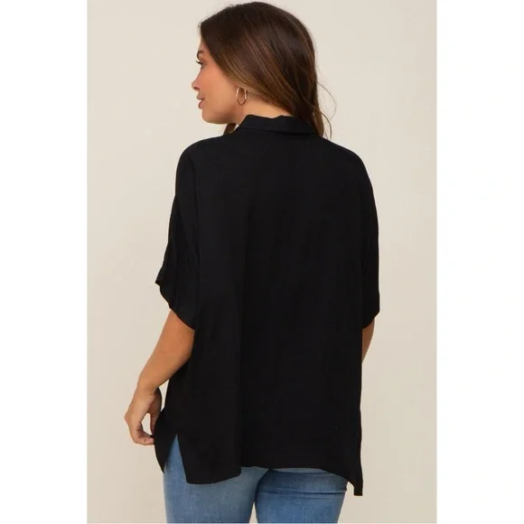 Vine & Love Black Button Up Dolman Short Sleeve Maternity Top - Picture 5 of 17